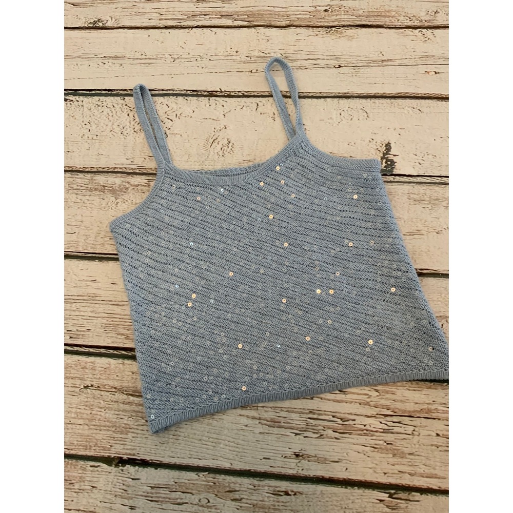 Musera Light Blue Sequin Knit Cami Top XS Pointelle Sleeveless Cropped Tank